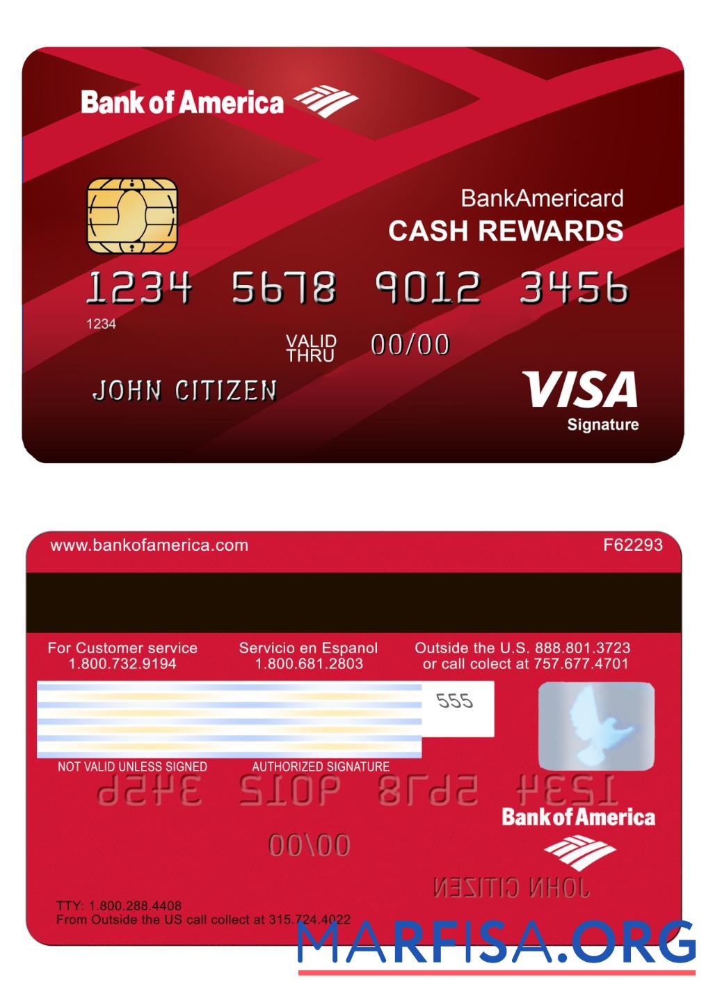 Printable USA Bank of America Visa signature card download for verification